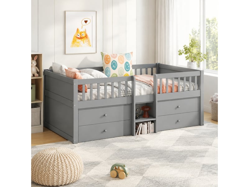 Lit enfant mi-haut 90x200 cm avec 4 tiroirs, échelle et barrières, en pin et mdf gris - Conforama D