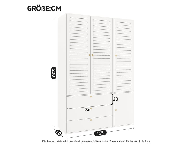  Armoire blanche 3 portes à lamelles, 3 tiroirs, 2 tringles et porte-pantalons, 135 × 50 × 200 cm pour chambre  - Conforama C