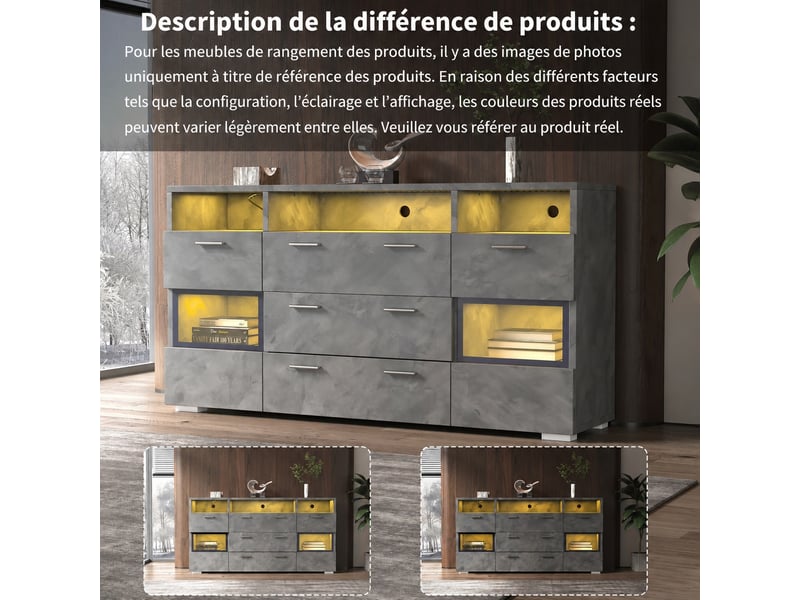 Buffet gris 140 cm avec éclairage led, portes acryliques transparentes et rangements - Conforama D