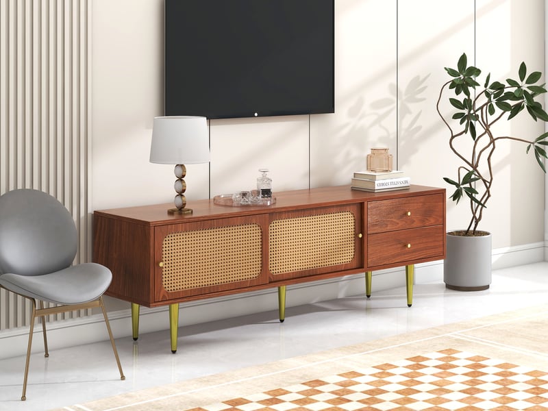  Meuble tv noyer 160 cm avec portes coulissantes en rotin pe et 2 tiroirs, support tv jusqu'à 70 pouces  - Conforama E