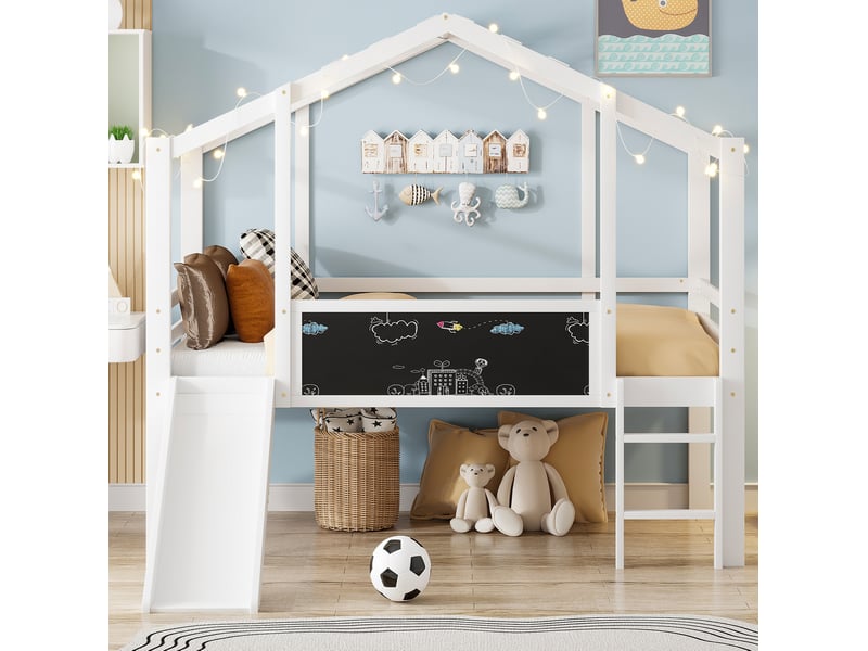  Lit mezzanine enfant 90 x 200 cm avec toboggan, échelle, tableau et toit blanc  - Conforama D