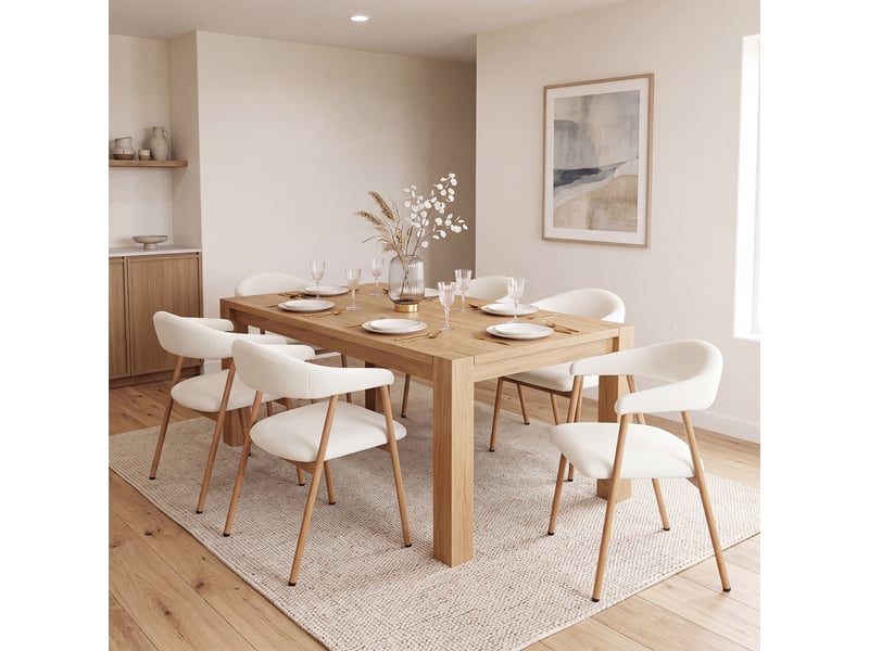  Chaises de salle à manger lot de 6 rembourrée en chenille, pieds en métal effet bois, beige  - Conforama B