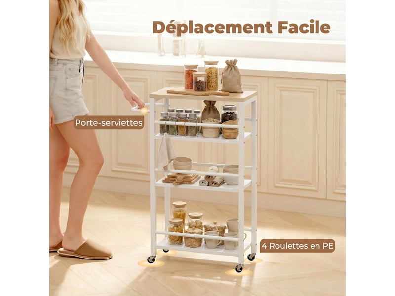  Desserte cuisine 4 niveaux, chariot de service à roulettes avec porte-serviettes et 6 crochets, chêne, 50 x 20 x 81 cm  - Conforama R