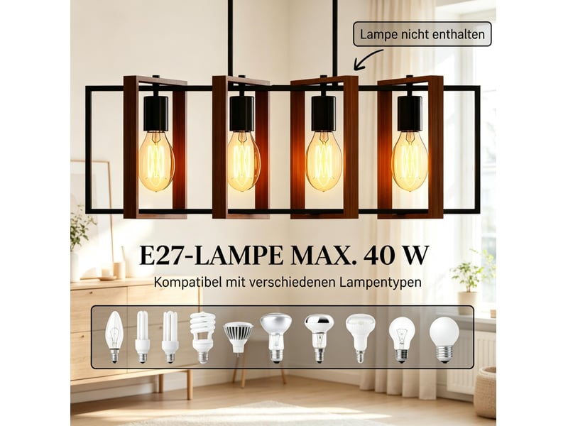  Suspension 4 lumières 80 x 21 cm – noir et bois noyer – hauteur réglable 90 à 130 cm, ampoules non incluses  - Conforama E