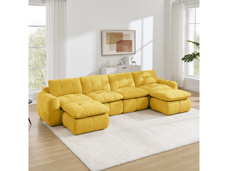 Canapé panoramique modulable 4 places en chenille jaune – 334 x 160 x 68 cm Fay Lum - Conforama D