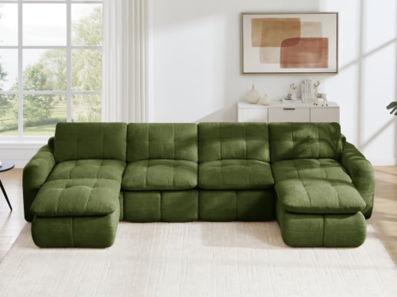  Canapé modulable en u 4 places avec 2 poufs mobiles, chenille vert, sans structure  - Conforama B