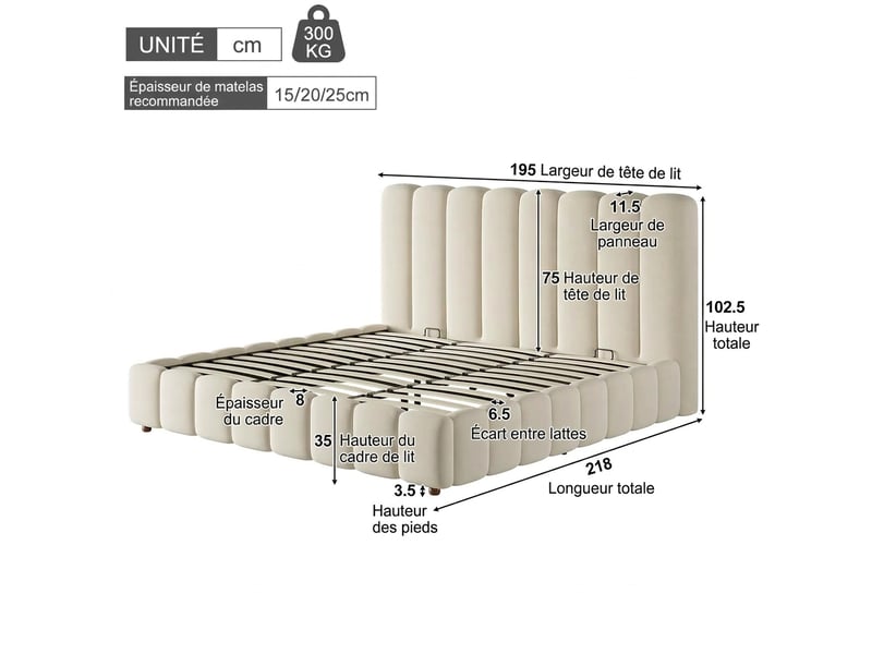  Lit double 180x200 lit coffre hydraulique velours beige avec sommier et tête de lit rembourrée  - Conforama C