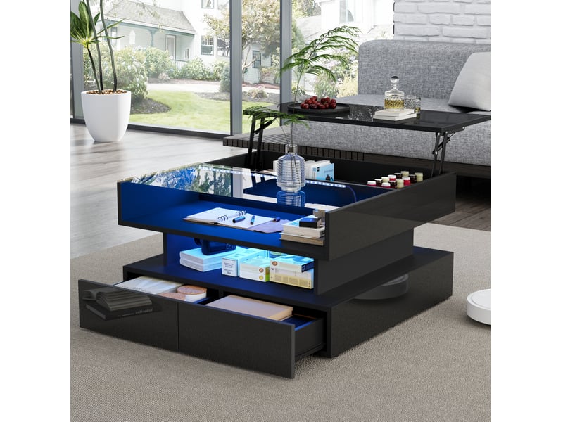  Table basse relevable 80x80x45 cm avec rangement, led, panneaux de particules noir  - Conforama C
