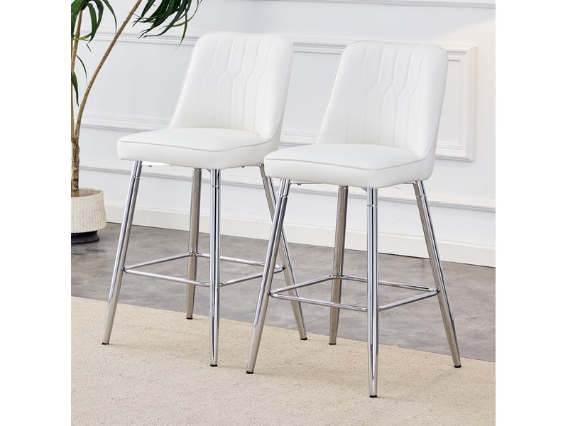 Tabouret de bar lot de 2 avec dossier ergonomique et repose-pieds, en métal et similicuir blanc argenté, 100 cm - Conforama C