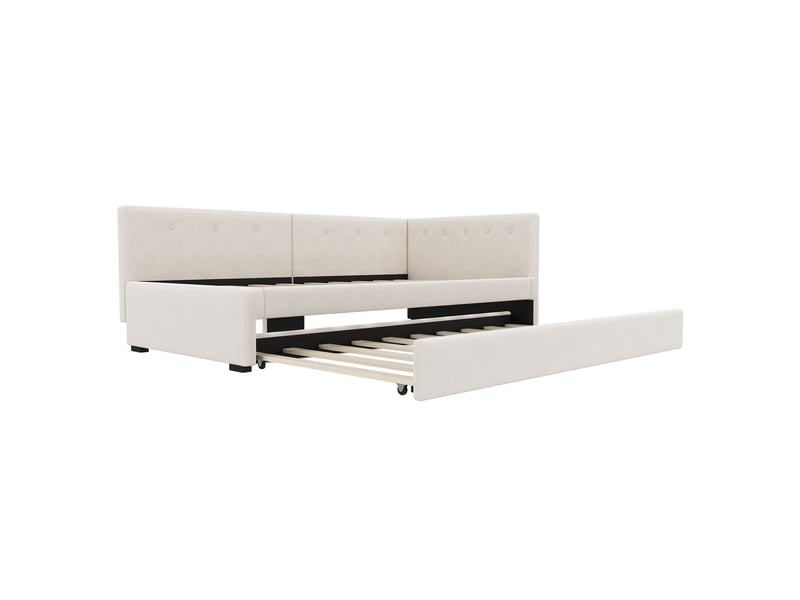  Lit banquette 90x200 avec lit gigogne, canapé lit simple en velours beige, cadre de lit avec sommier  - Conforama R