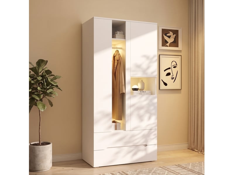 Armoire 3 portes blanche avec led, 1 tringle, 6 compartiments et 2 tiroirs, pour chambre et bureau - Conforama B