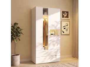 Armoire 3 portes blanche avec led, 1 tringle, 6 compartiments et 2 tiroirs, pour chambre et bureau