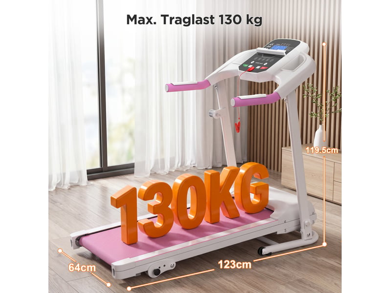  Tapis de course 123x64x119,5 cm pliable à inclinaison en métal blanc et rose  - Conforama E
