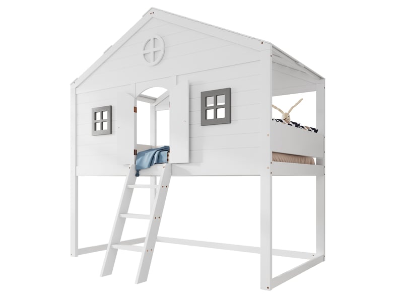  Lit mezzanine 90x200 cm, avec espace de rangement et escalier, en bois, blanc et gris, sans matelas  - Conforama A