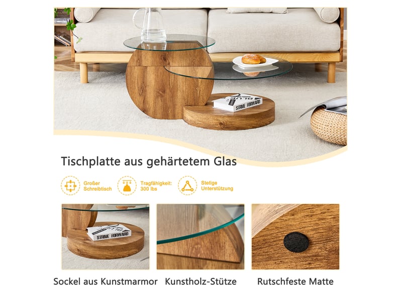  Table basse moderne en verre trempé 89,9x69,9x43,2 cm, design multi-niveaux, pour salon, mdf, transparent et naturel  - Conforama E
