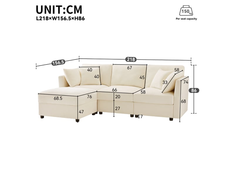  Canapé d'angle modenvie en chenille beige 218 x 156,5 x 86 cm avec pouf et accoudoirs réglables  - Conforama C