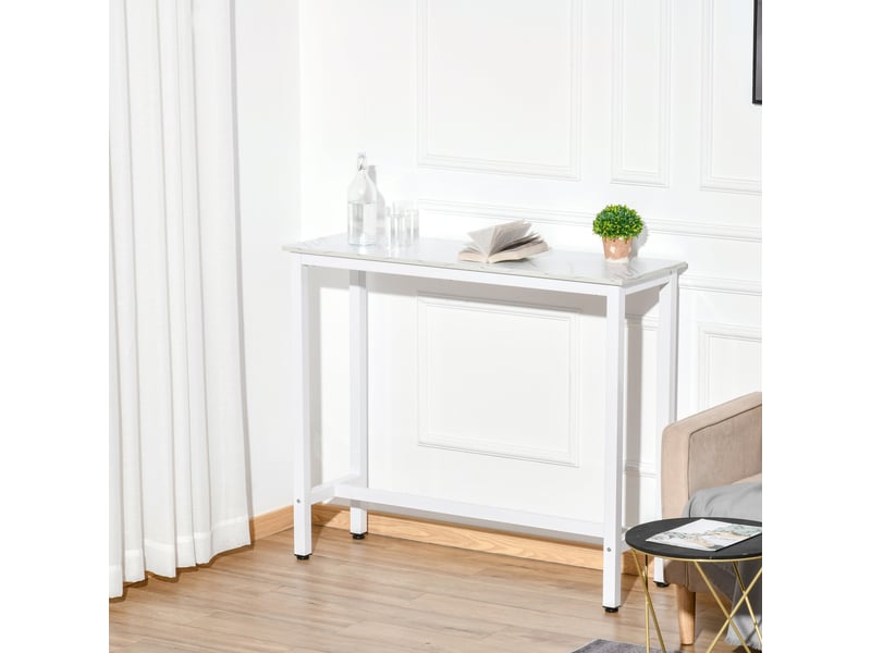  Table de bar table haute de cuisine mange-debout 120 x 40 x 100 cm châssis piètement acier, plateau aspect marbre blanc  - Conforama D