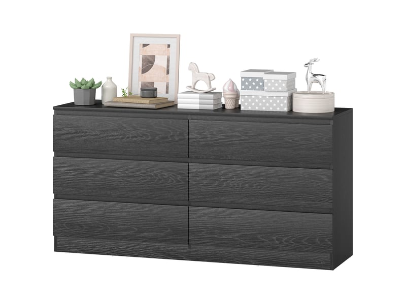  Commode à 6 tiroirs pour chambre, style moderne, pour salon ou bureau, 140 x 40 x 71 cm, aspect bois noir.  - Conforama B