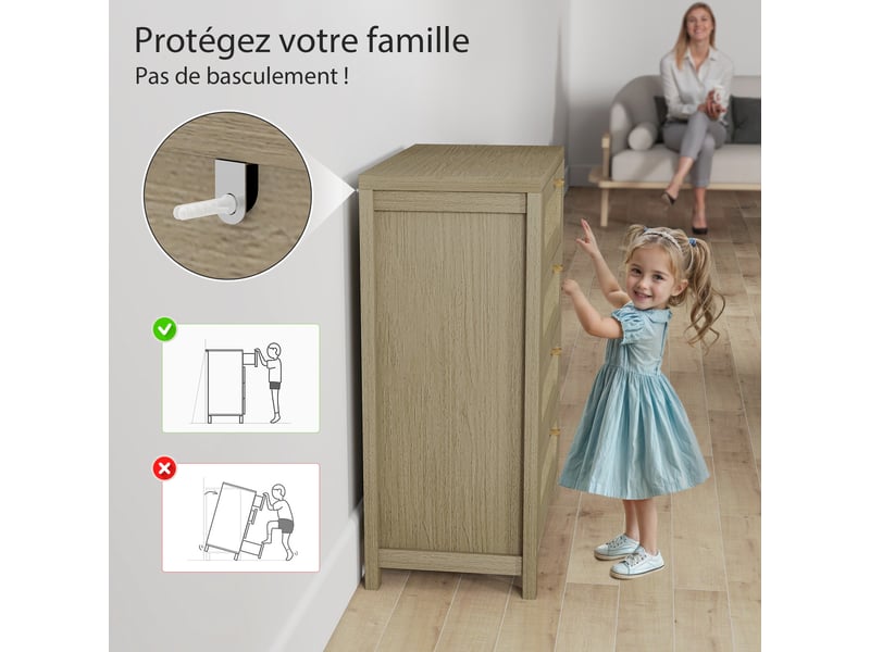  Commode 4 tiroirs meuble de rangement style bohémienne avec portes résine tressée, effet bois naturel, 70 x 38 x 93 cm  - Conforama R