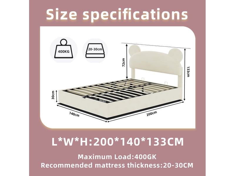  Lit coffre 140x200 cm avec matelas, tête de lit fantaisie, rangement relevable à vérins, velours et métal, beige  - Conforama C