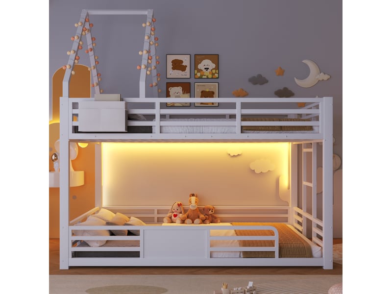  Lit superposé enfant 140 x 200 cm en métal et mdf, blanc, avec éclairage led et rangements en tissu  - Conforama D