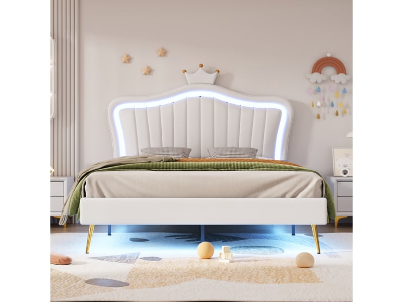  Lit pour enfant 140 x 200 cm avec couronne, éclairage led, structure en simili blanc, lattes incluses, sans matelas  - Conforama C
