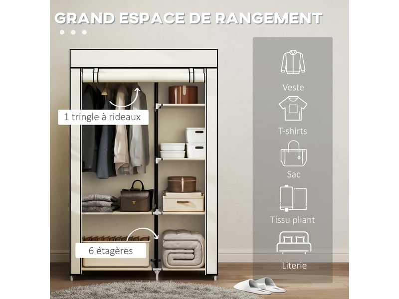  Armoire penderie en tissu meuble de rangement tringle à vêtements et étagères ouvertes 103x43x162,5cm crème  - Conforama E