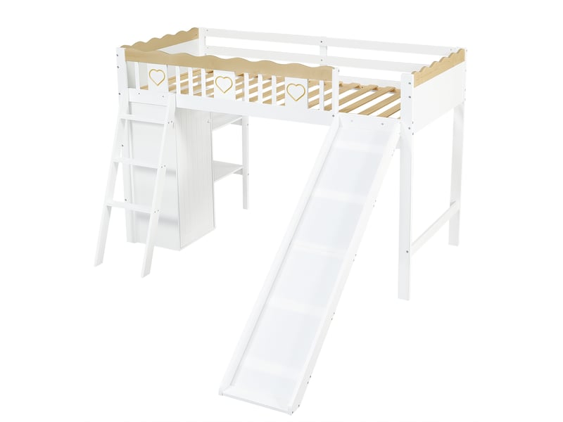  Lit superposé pour enfant avec toboggan, armoire et meuble de rangement sous le lit, barrière de sécurité sur les quatre côtés ornée de motifs raffinés, pin, mdf et contreplaqué, blanc et naturel, 90 x 200 cm  - Conforama E