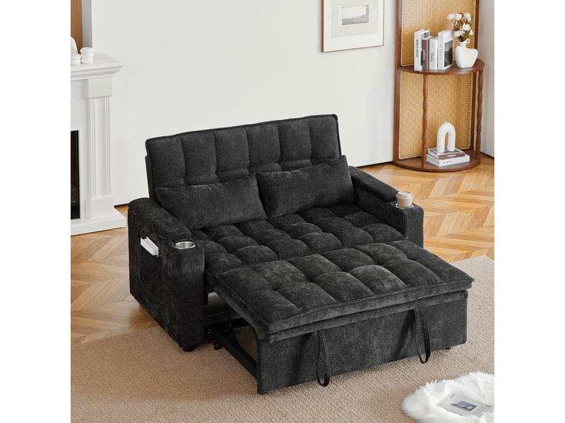  Canapé-lit 2 places 3 en 1 142x89x89 cm effet nuage avec rangements accoudoirs, porte-gobelets, 2 coussins lombaires, chenille noir  - Conforama B
