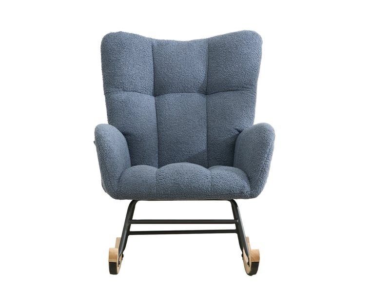 Fauteuil à bascule en tissu teddy avec poche, base en bois massif, bleu marine - Conforama A