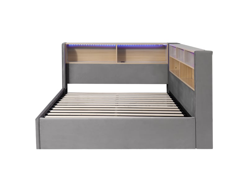  Lit de jour 140x190 cm avec rangement hydraulique, lit rembourré, canapé-lit avec led, port usb et dossier, velours gris  - Conforama D