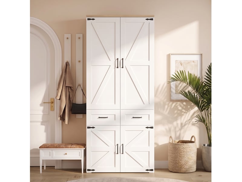 Armoire à portes battantes 90x50x200 cm avec 4 portes, 2 barres et 5 tiroirs, blanche - Conforama B