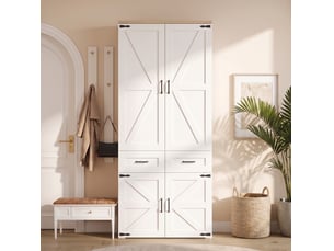 Armoire à portes battantes 90x50x200 cm avec 4 portes, 2 barres et 5 tiroirs, blanche
