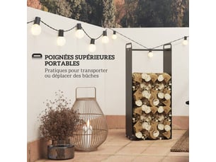 Porte-bûches intérieur range-bûches intérieur avec poignées résistant à la rouille à l'usure 37 x 30 x 90 cm noir acier