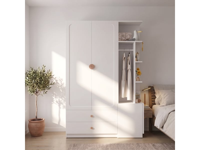  Armoire blanche 200x135x45 cm avec 2 penderies, 2 tiroirs et étagères pour chambre et couloir  - Conforama E