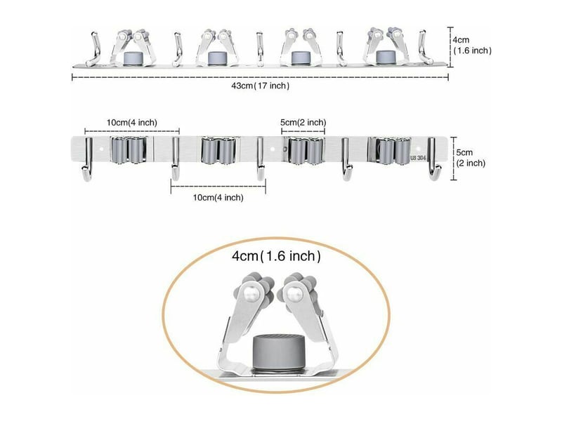  Porte balai mural en acier inoxydable, accroche balai avec 4 emplacements et 5 crochets pour cuisine, salle de bain, garage et jardin, gris LM2X02802512 - Conforama E