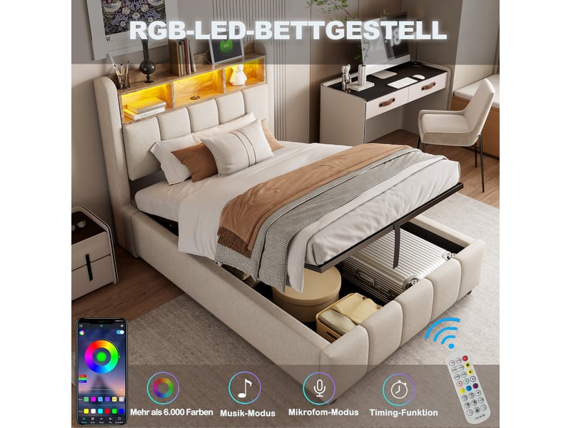  Lit coffre simple 90×200 cm avec led réglable, usb, type-c et rangements - okmyhome- beige, matelas inclus  - Conforama E