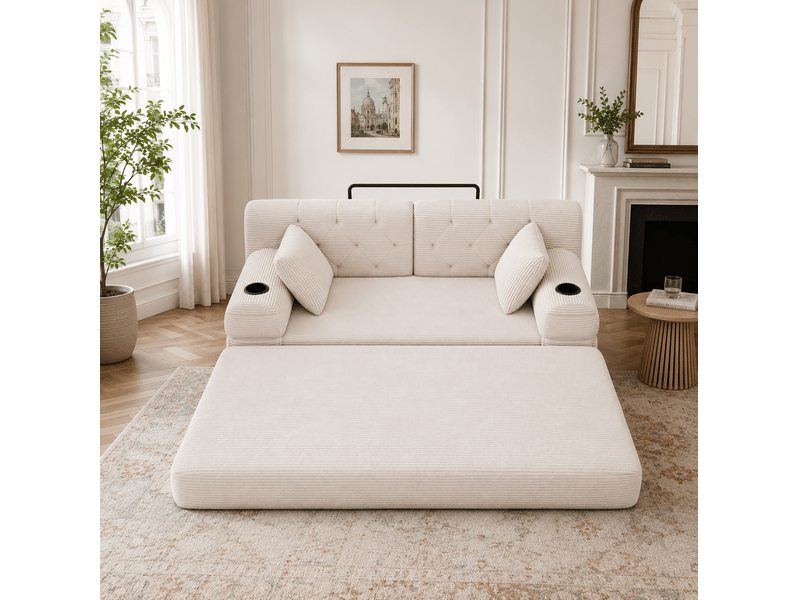 Canapé convertible 3 places avec couchage, dossier haut, 4 poches et 2 porte-gobelets en velours côtelé beige - Conforama E