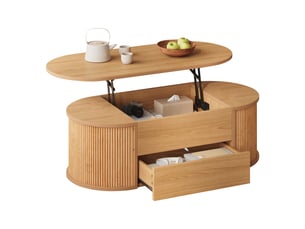 Table basse relevable 100x50x35 cm avec mécanisme hydraulique, 1 tiroir push-to-open et rangement caché, table de salon ovale en mdf, bois naturel