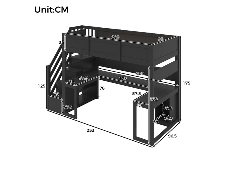  Lit mezzanine 90 × 200 cm 1 place avec bureau, 4 rangements, led réglable et usb, sans matelas, mdf noir  - Conforama D