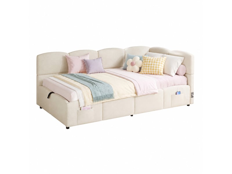  Lit coffre banquette 90x200 cm en tissu bouclé beige avec ports usb  - Conforama A