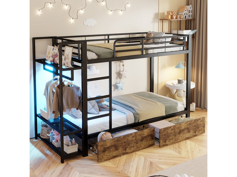  Lit superpose 90x200 cm avec bande lumineuse led et 2 tiroirs, lit enfant avec tringle à vêtements, lit 2 personnes en noir  - Conforama W