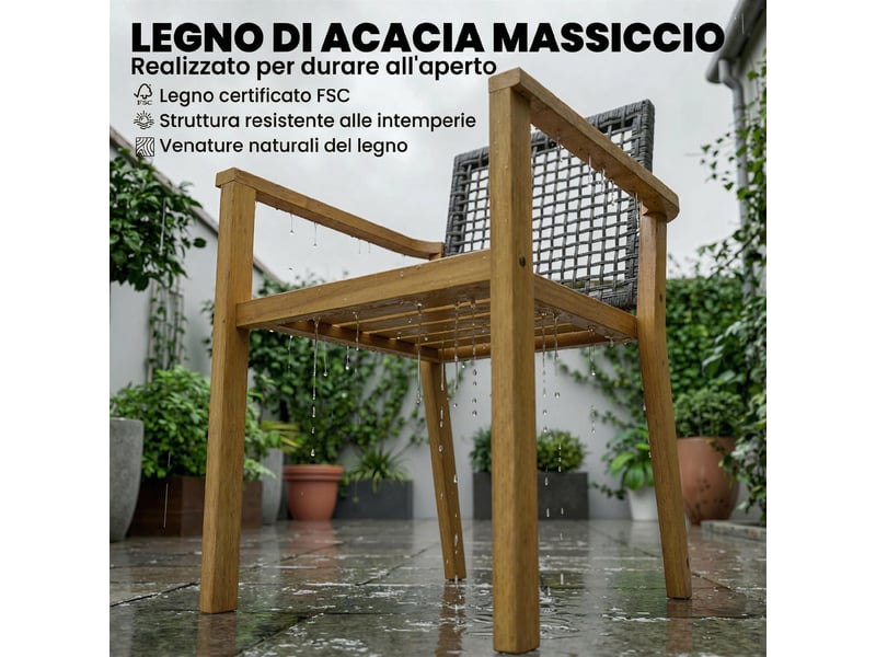  Ensemble de 2 chaises de jardin empilables en bois d'acacia avec coussins, 59 x 55 x 86 cm, coloris gris et bois  - Conforama E