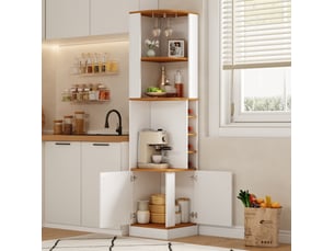 Meuble d'angle avec porte-verres, 4 casiers à bouteilles, étagères et placard, pour cuisine, mdf blanc, 40 × 40 × 182 cm