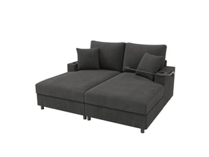 Canapé-lit 2 places 163 x 140 x 82 cm, avec support téléphone 360°, usbusb-c, 2 porte-gobelets, 2 coussins, tissu côtelé - gris