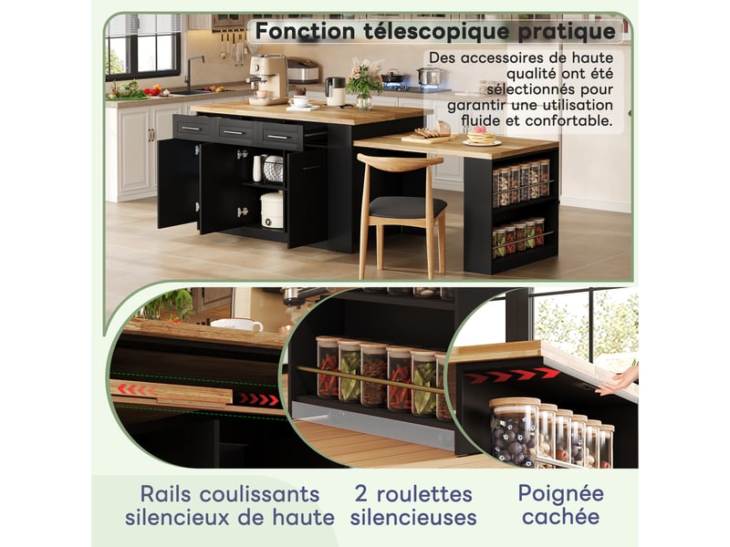  Îlot multifonctionnel cuisine table rallonge noir plan bois laminé rangement intégré familial 150 x 90 x 90 cm  - Conforama E