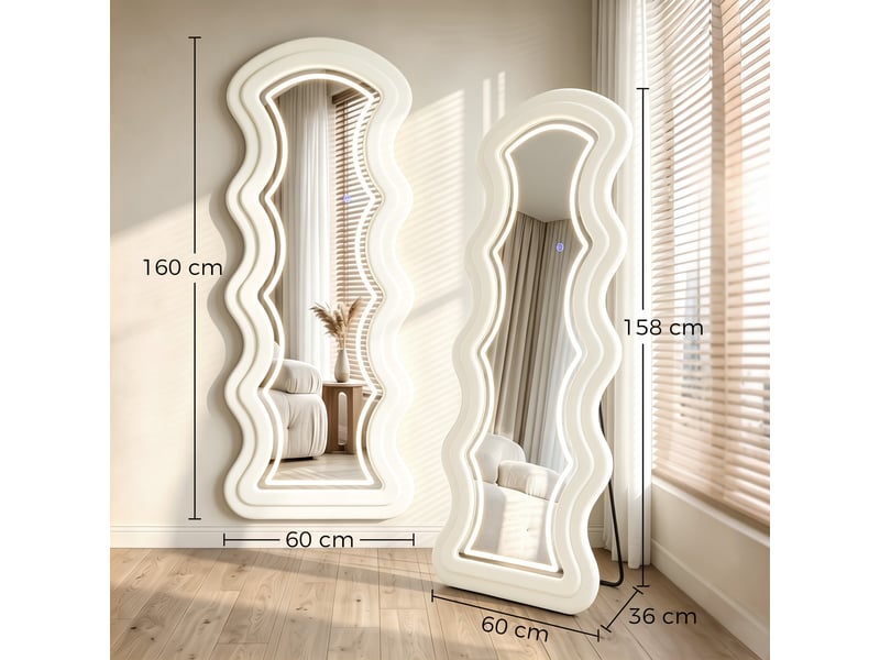  Miroir pleine longueur ondulé 160 x 60 cm, led 3 couleurs, verre trempé hd, cadre effet velours, crème  - Conforama C