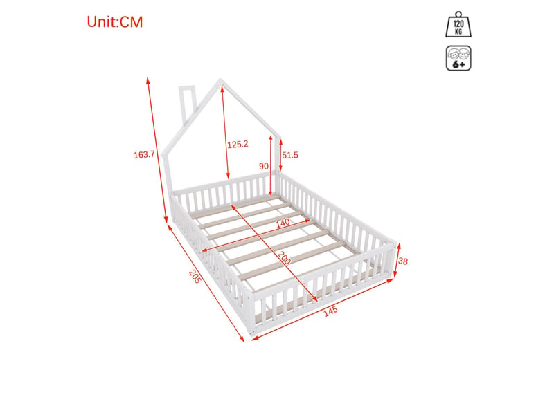  Lit cabane enfant 140x200cm design cheminée sommier inclus - lit enfant - bois de pin blanc, barrière sécurité anti-chute  - Conforama C