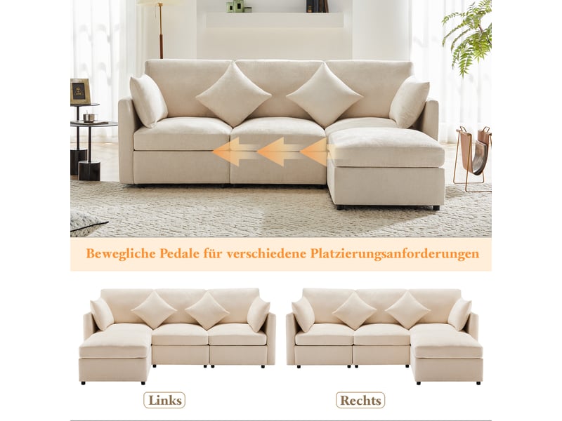 Canapé d’angle en l modulable beige, convertible 3 places, avec pouf mobile et 4 coussins en chenille - Conforama B