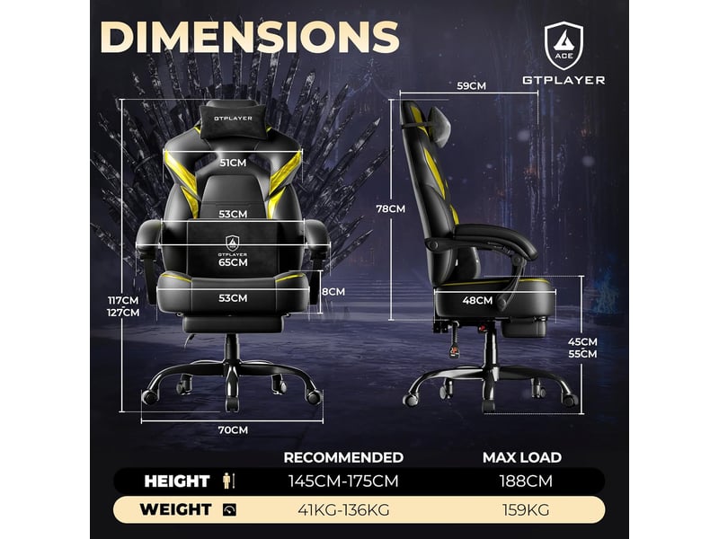 Gtplayer chaise gaming avec repose-pieds et soutien lombaire, réglable, pivotante, 200 kg - jaune ACE-ARMOR-YL-CF - Conforama D